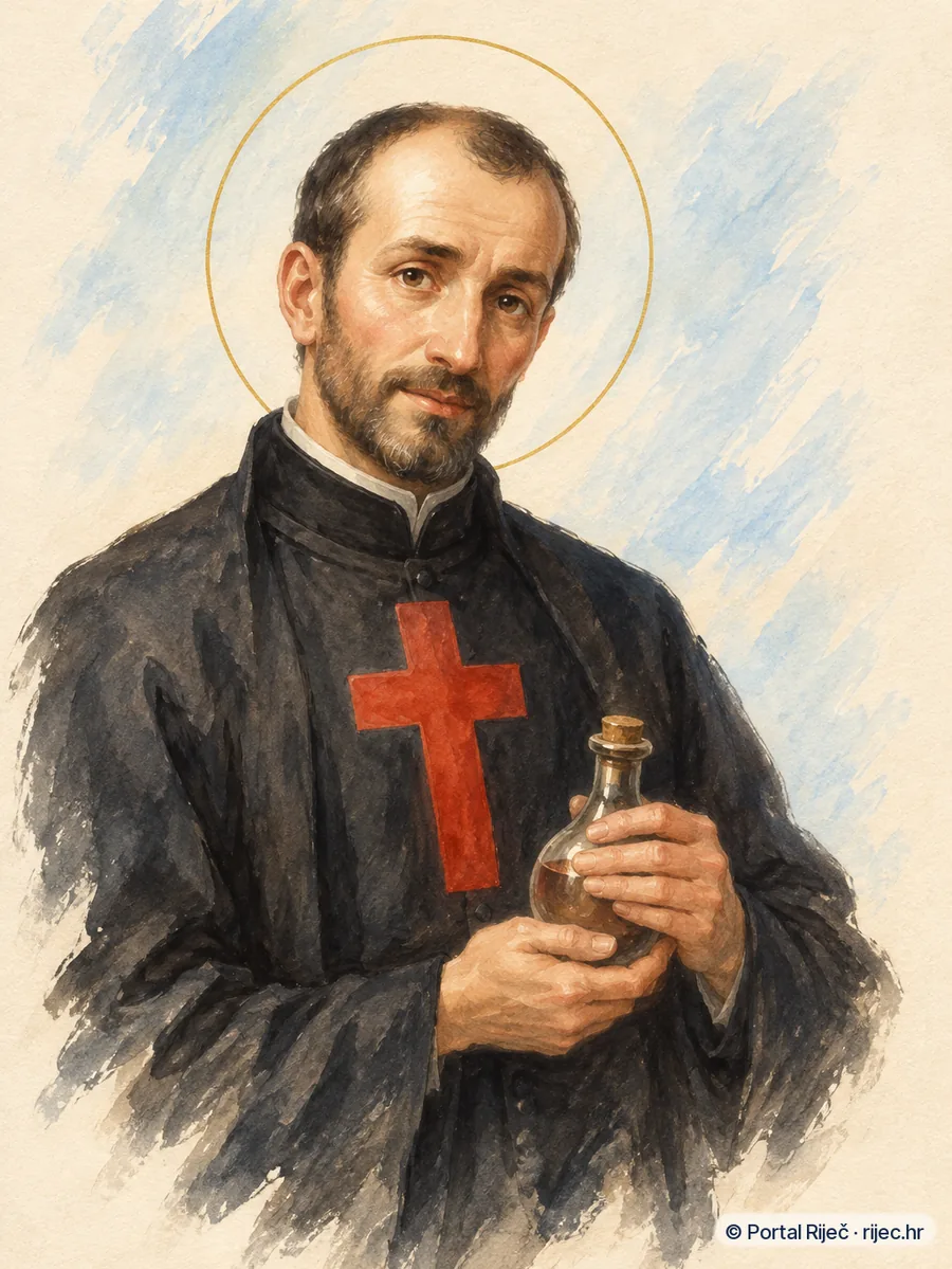 Sveti Kamilo Lellis u crnoj mantiji s velikim crvenim krizem na prsima, drzi posudicu lijeka - ilustracija