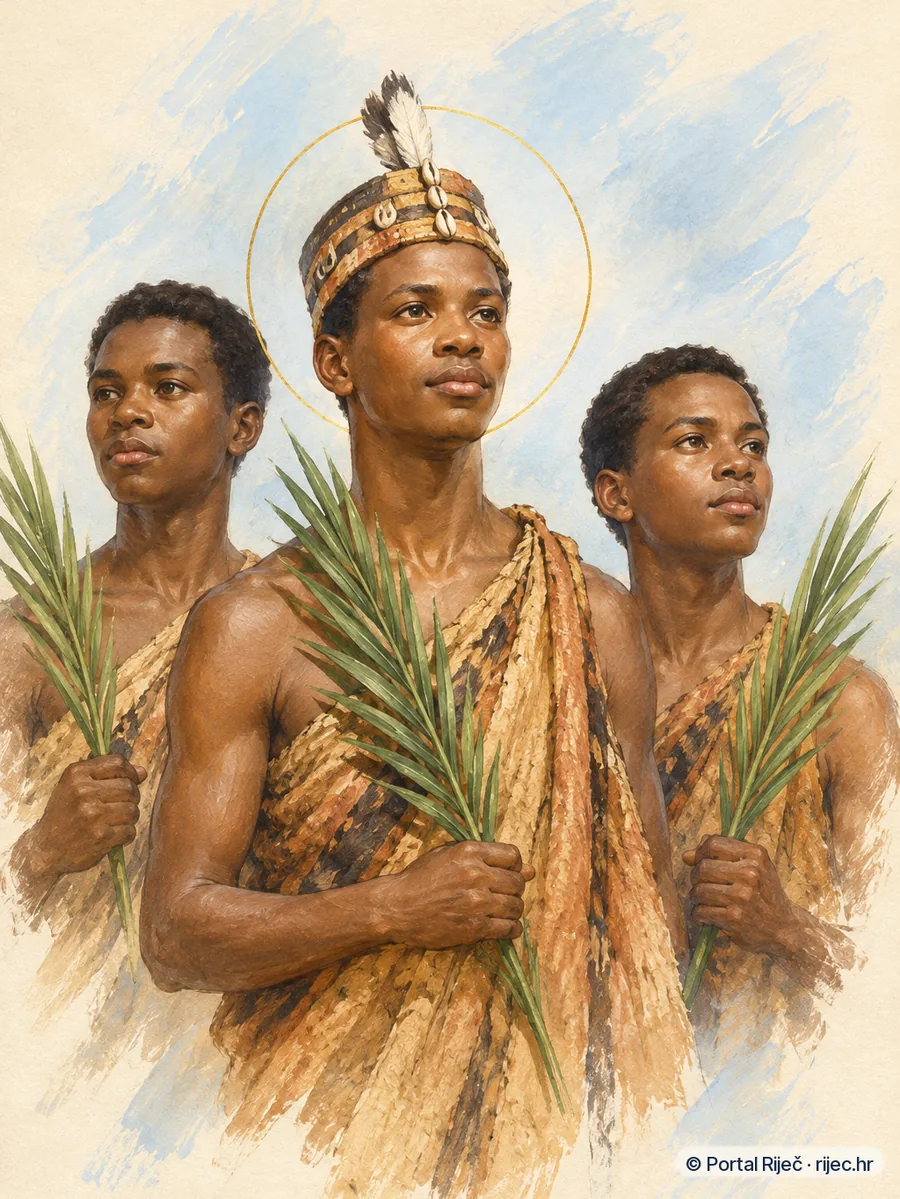 Sveti Karlo Lwanga i ugandski drugovi u tradicionalnim ruhima od kore, s palmama mucenistva - ilustracija