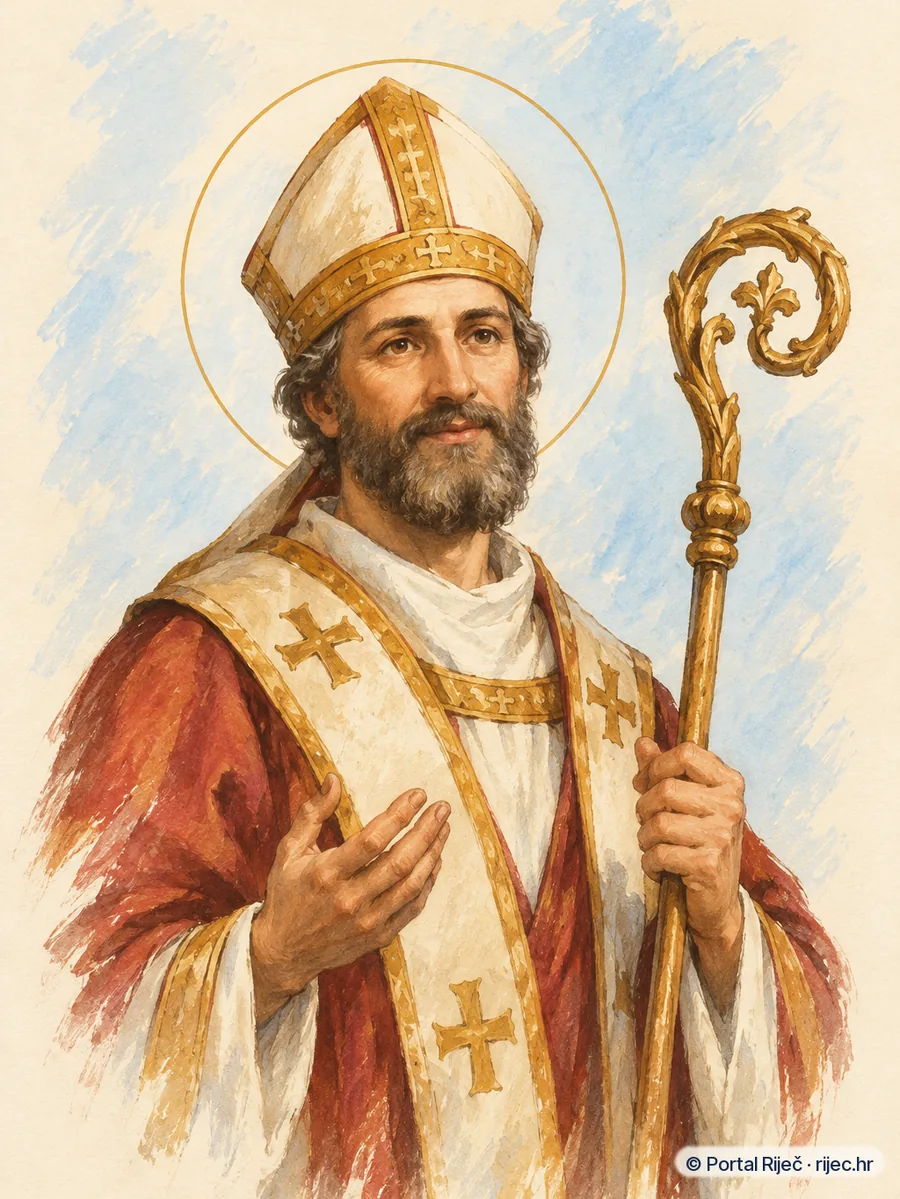 Sveti Kastor u ranokrscanskom biskupskom ruhu s pastirskim stapom, blagog izraza - ilustracija