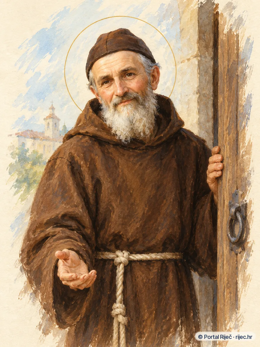 Sveti Konrad iz Parzhama u smedjem kapucinskom habitu, na vratima samostana - ilustracija