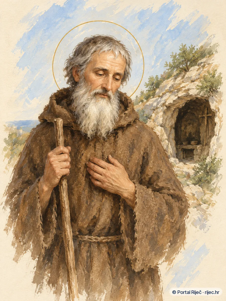 Sveti Konrad iz Piacenze u grubom pustinjackom rublju pred skromnom spiljom - ilustracija