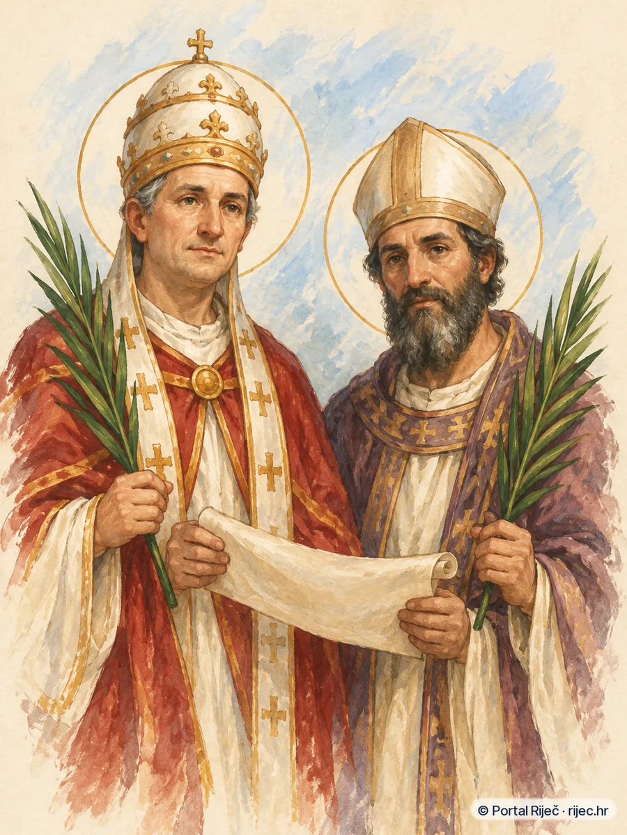 Papa Kornelije i biskup Ciprijan u ranom crkvenom ruhu drze zajednicki svitak i palme mucenistva - ilustracija