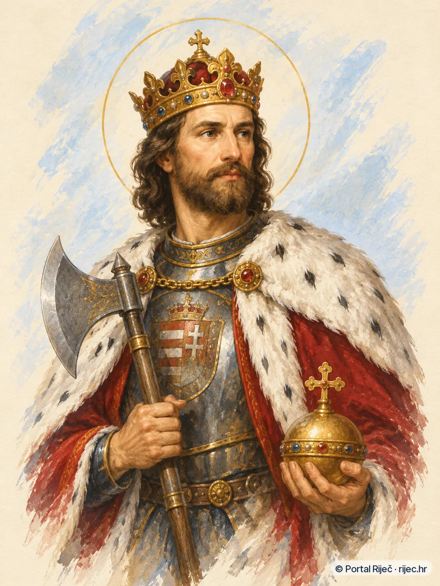 Sveti Ladislav u kraljevskom oklopu s hermelinskim plastom, kruna, sjekira i jabuka - ilustracija