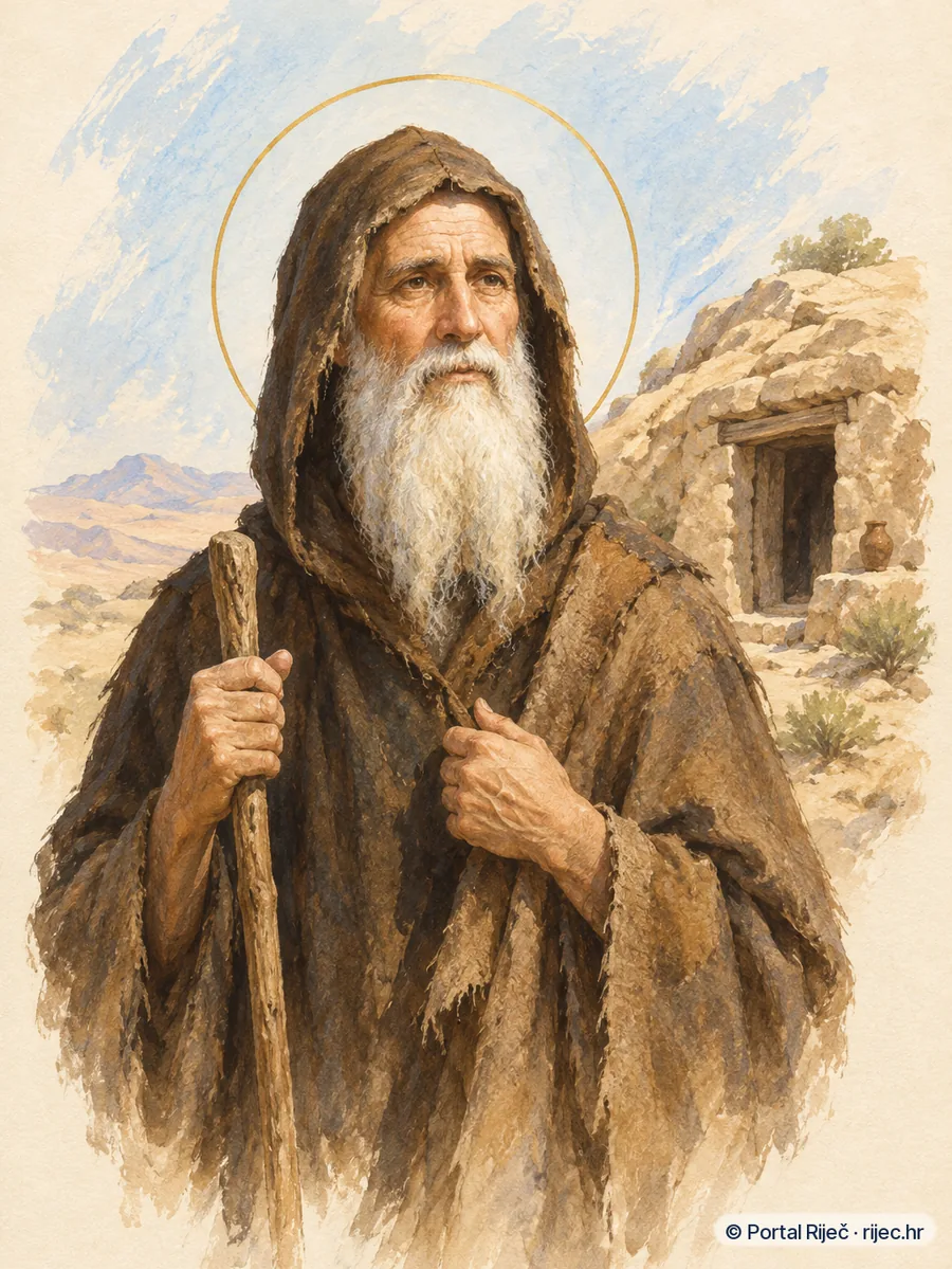 Sveti Makarije Egipatski, pustinjak duge bijele brade, pred skromnom pustinjskom celijom - ilustracija