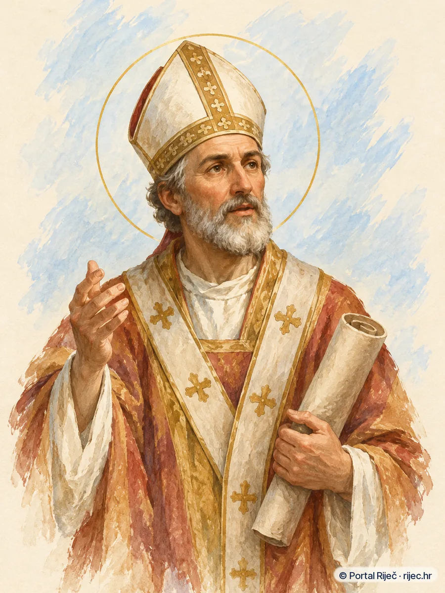 Sveti Maksim Torinski biskup drzi svitak propovijedi staloznog izgleda - ilustracija