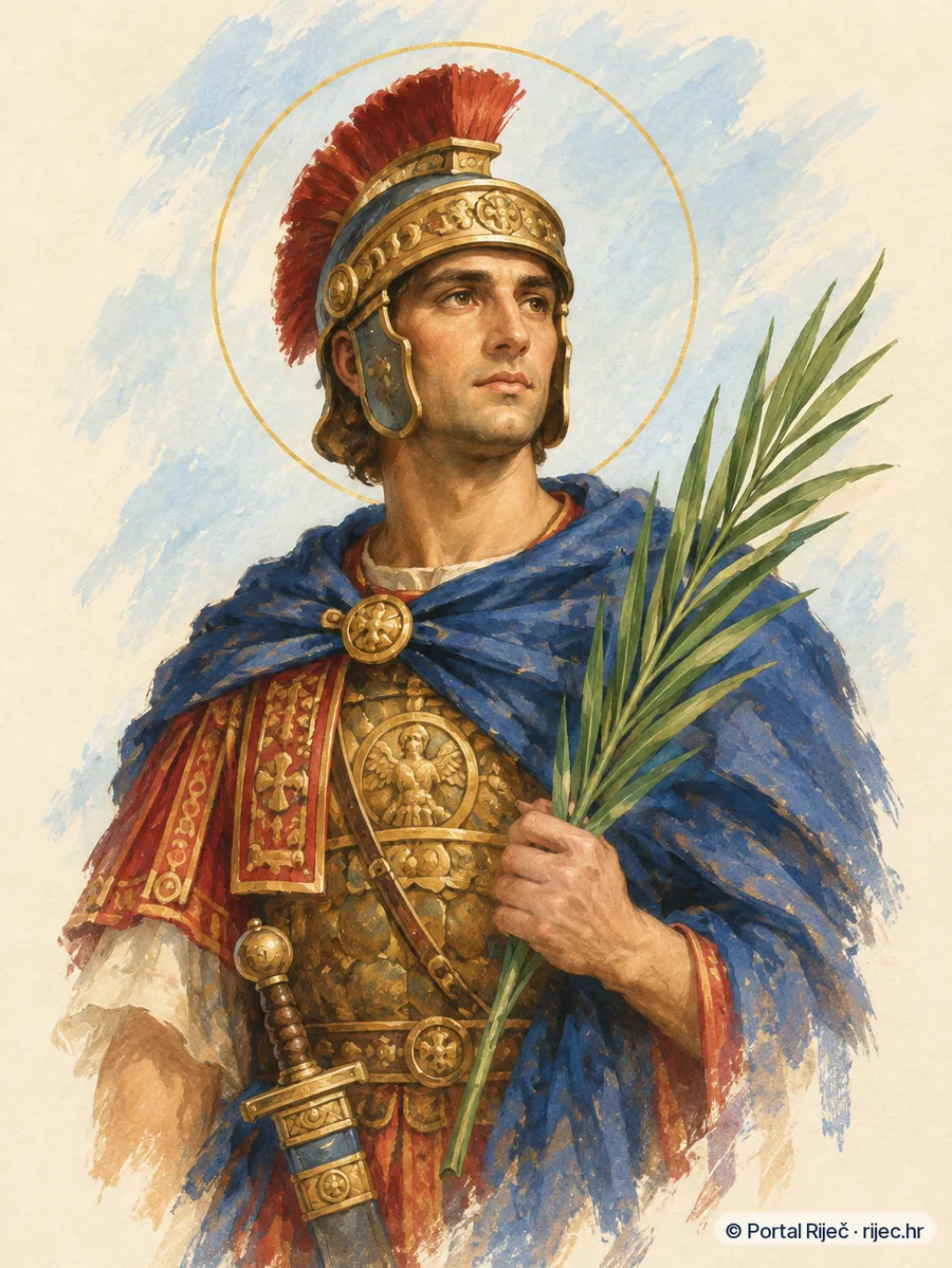 Sveti Marcel Satnik, rimski satnik mucenik, u vojnickoj odori, mac odlozen sa strane - ilustracija