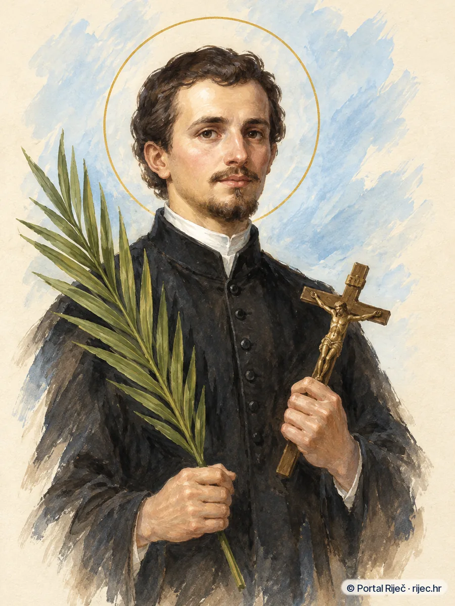 Sveti Marko Krizevcanin u crnoj mantiji svecenika, s palmom mucenistva i raspelom - ilustracija