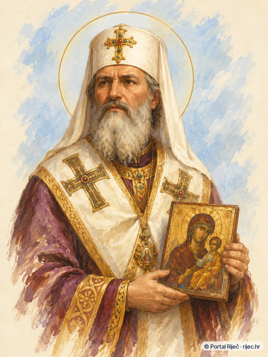 Sveti Metod Carigradski u bizantskim patrijarskim odorama, drzi malu ikonu - ilustracija