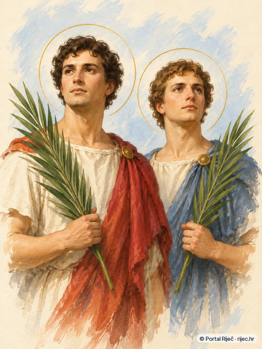 Sveti Nerej i Ahilej mucenici u jednostavnim rimskim tunikama s palmama - ilustracija
