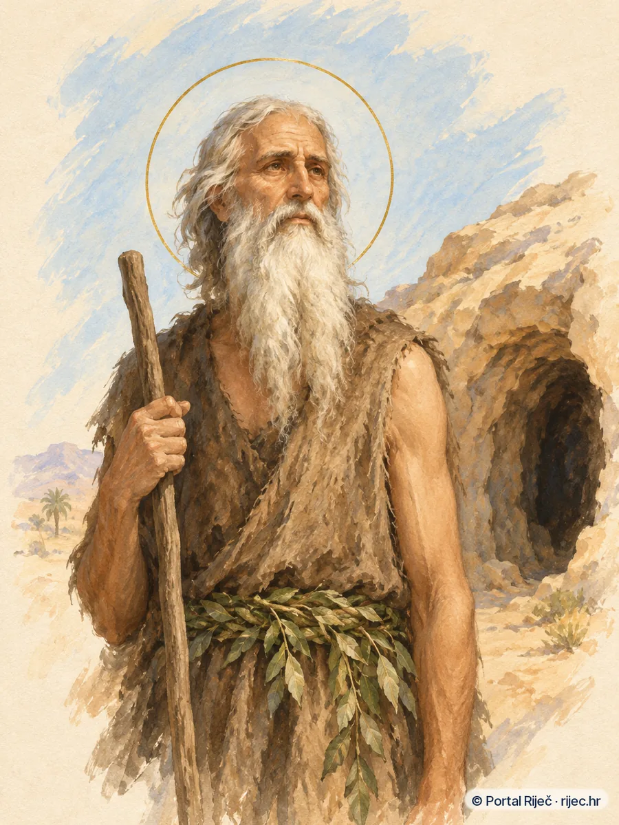 Sveti Onufrije, stari bradati pustinjak u grubom ogrtacu s liscem, pred pustinjskom spiljom - ilustracija