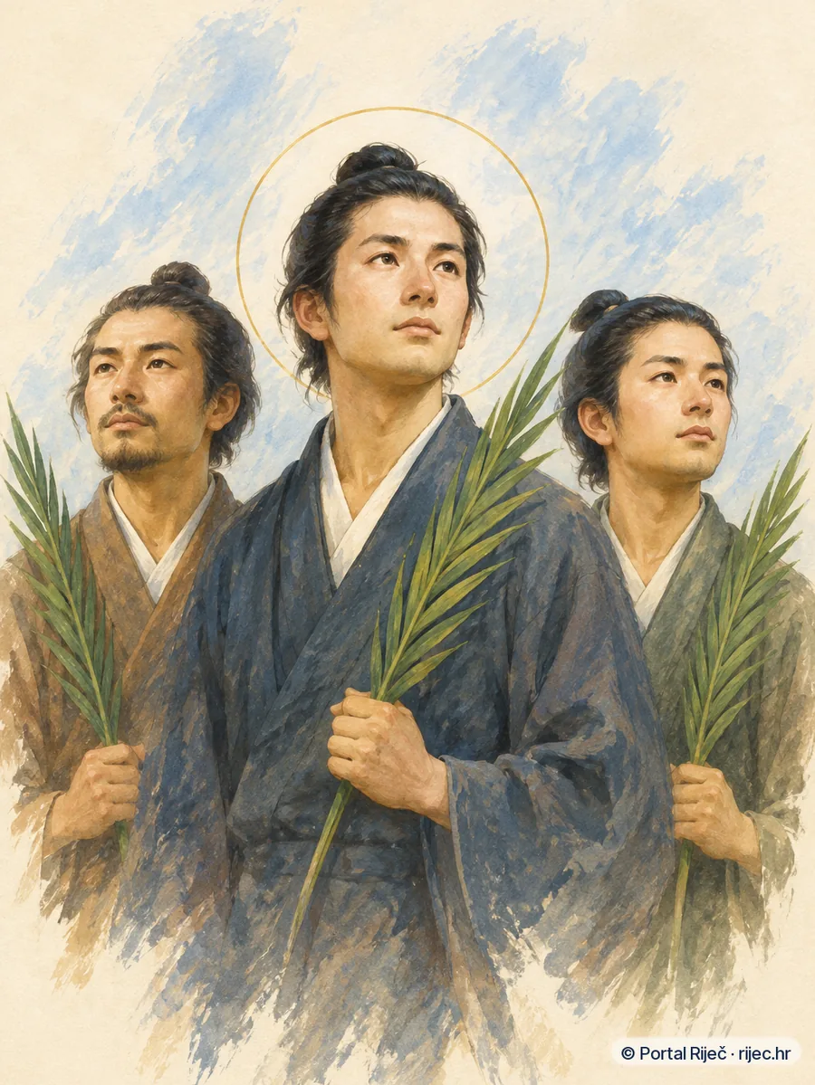 Sveti Pavao Miki i japanski drugovi u jednostavnim ruhima, svaki drzi palmu mucenistva - ilustracija