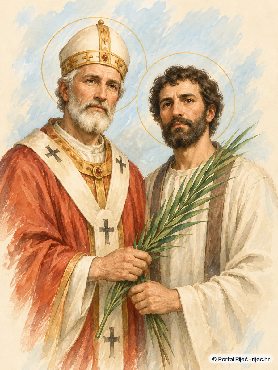 Sveti Poncijan i Hipolit zajedno pred mucenistvom, papinske i svecenicke odore, mucenicka palma - ilustracija