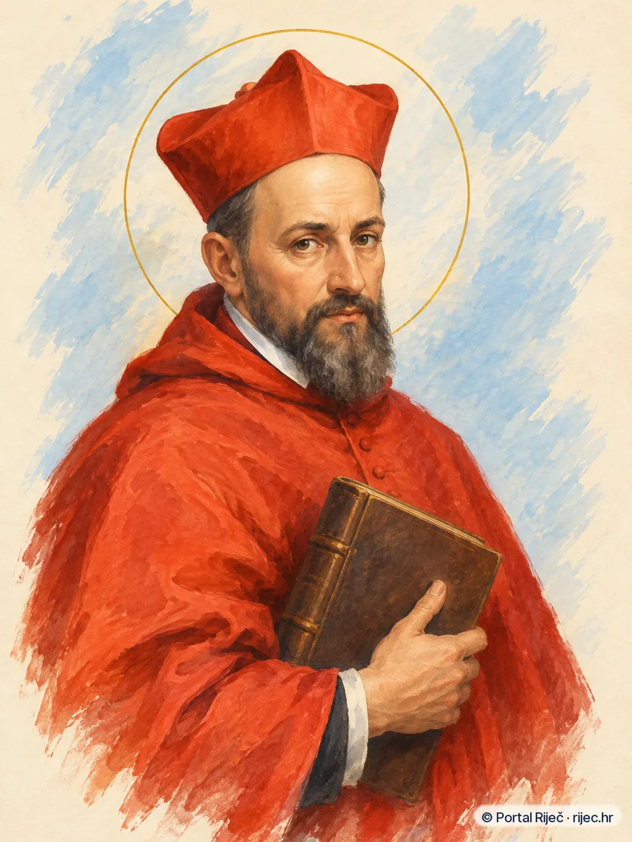 Sveti Robert Bellarmino u crvenom kardinalskom plastu s isusovackom biretom, drzi debelu knjigu - ilustracija