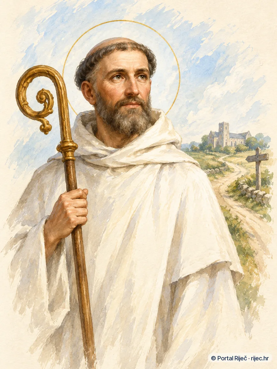 Sveti Robert opat cistercit u bijelom habitu s pastirskim stapom uz cestu - ilustracija