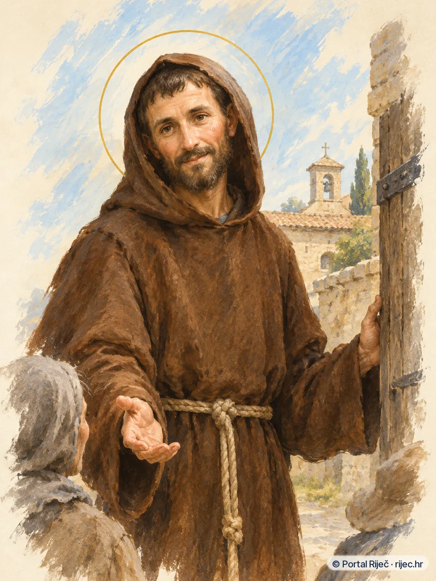 Sveti Serafin iz Montegranara u smedjem kapucinskom habitu, na vratima samostana - ilustracija