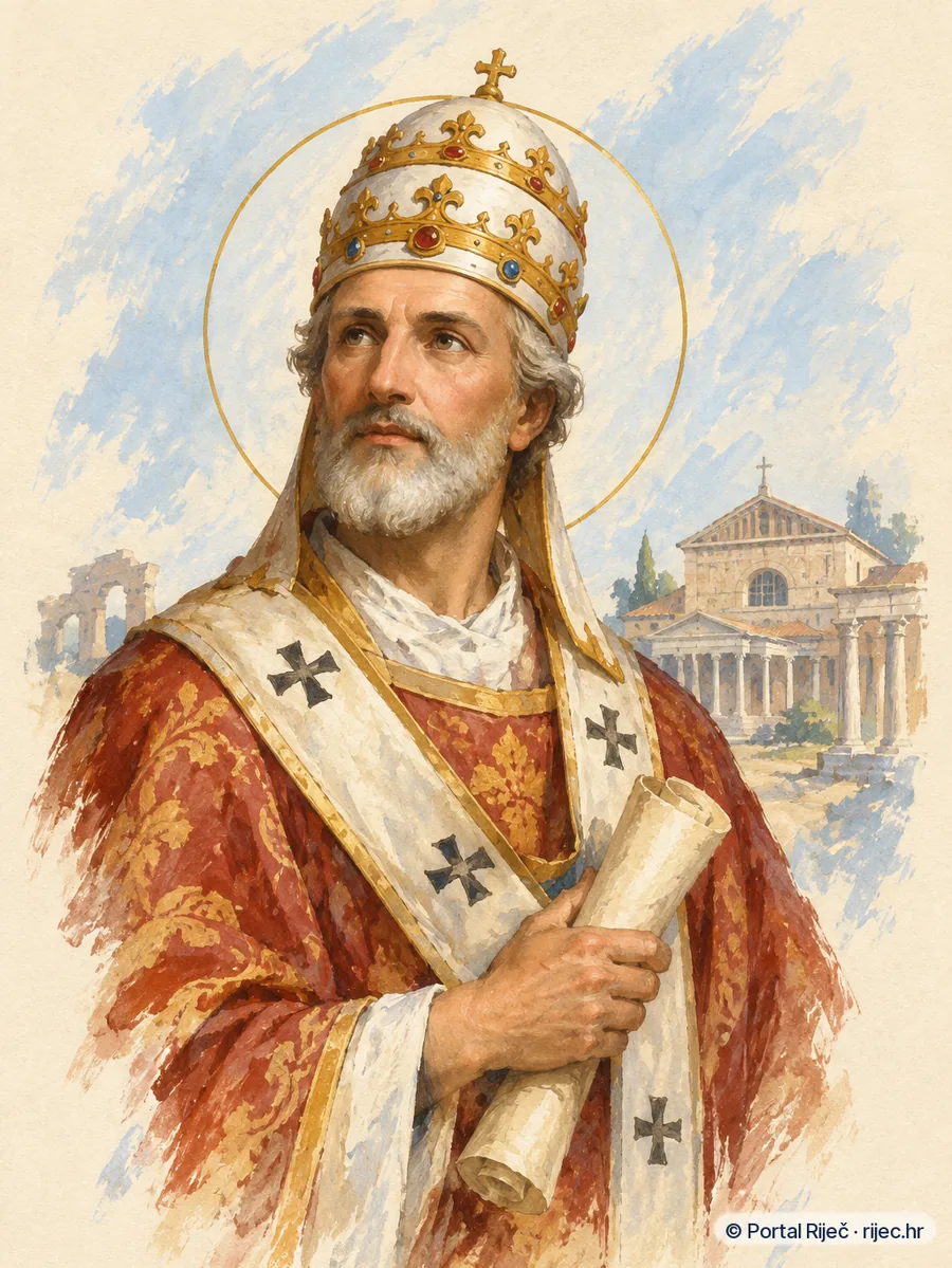 Sveti Sikst III u ranom papinskom ruhu sa svitkom u ruci, dostojanstven izraz lica - ilustracija