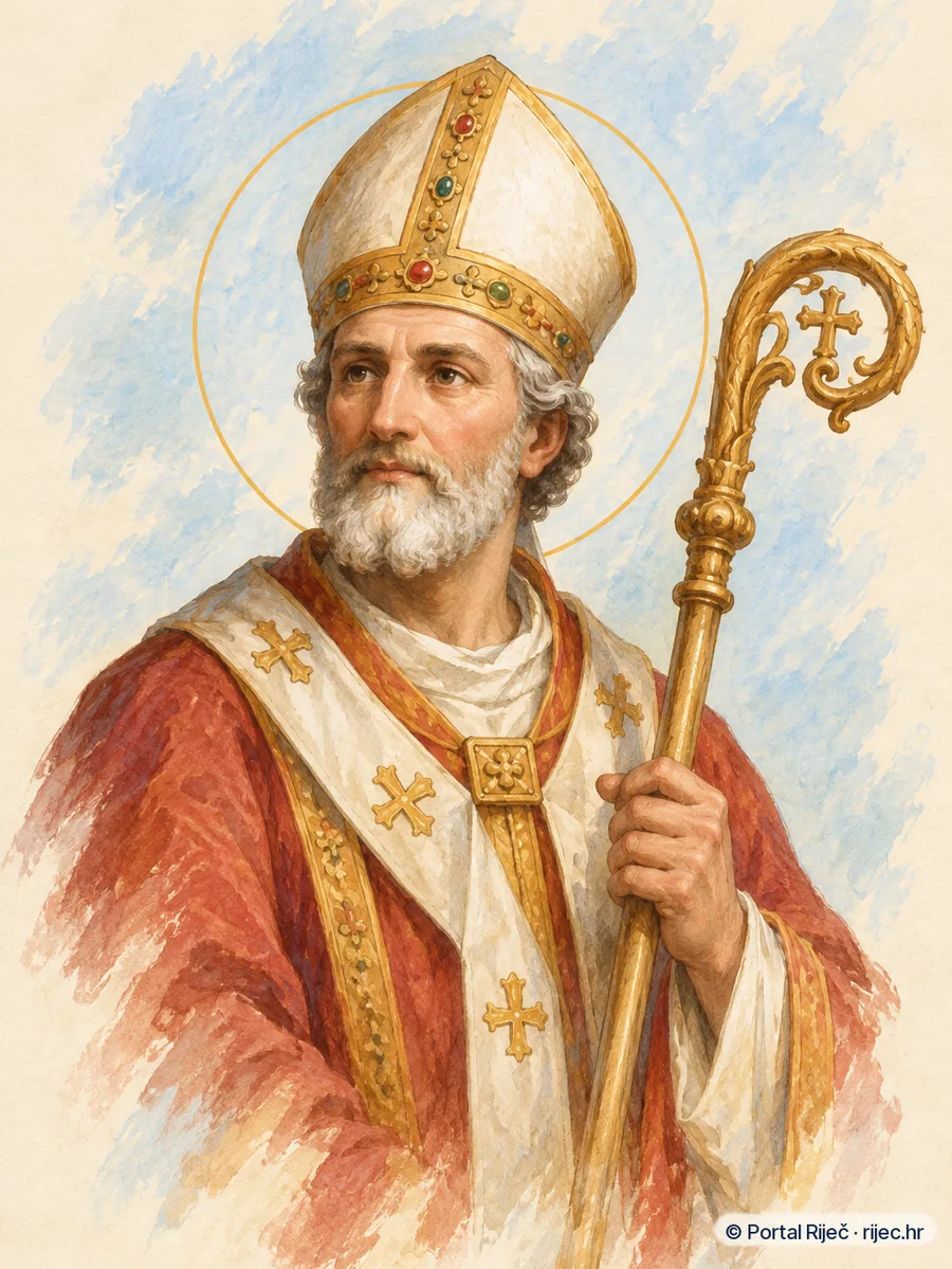 Sveti Silvestar I u ranom papinskom ruhu s mitrom i pastirskim stapom, miran izraz lica - ilustracija