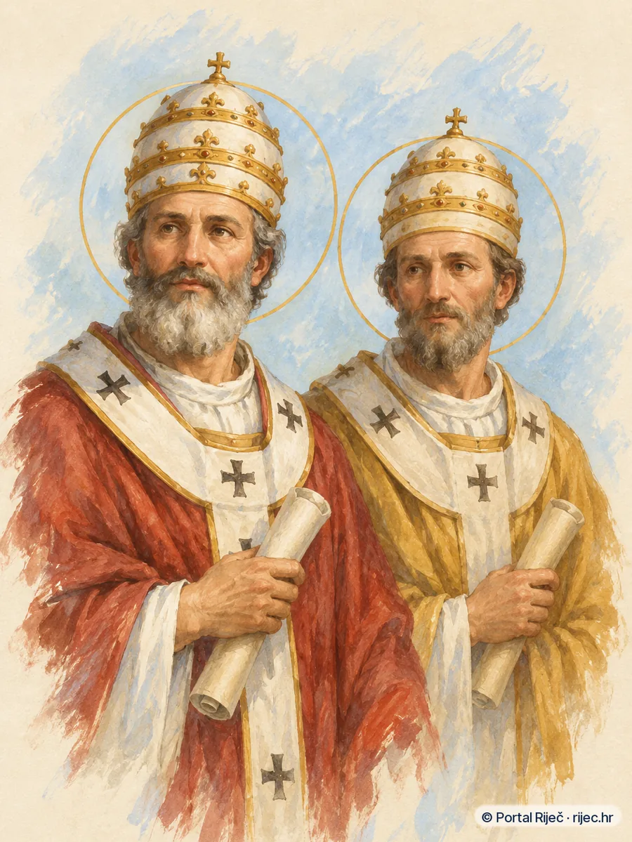 Sveti Soter i Gaj pape u ranom papinskom ruhu drze svitke dostojanstveno - ilustracija