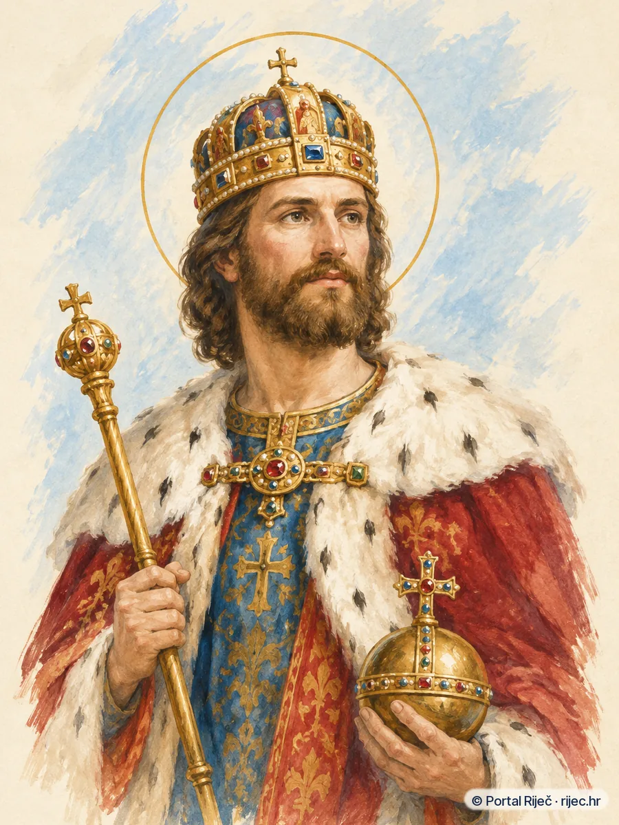 Sveti Stjepan Ugarski u kraljevskim odorama s hermelinom, kruna, zezlo i drzava - ilustracija