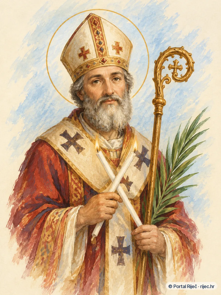 Sveti Vlaho u bizantskom biskupskom ruhu s pastirskim stapom, prekrizenim svijecama i palmom - ilustracija