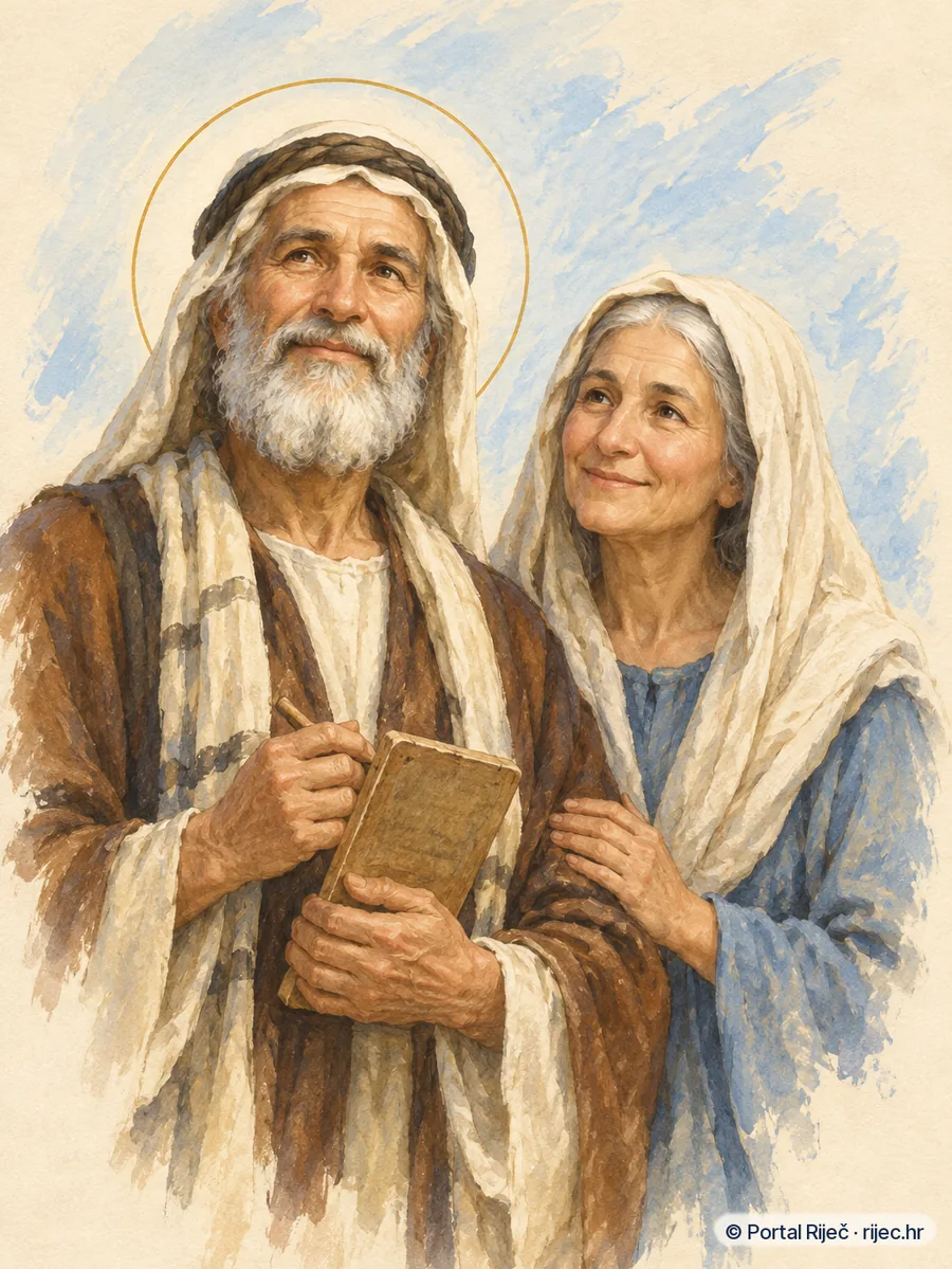 Sveti Zaharija s pisacom plocicom i sveta Elizabeta pokraj njega, u skromnim judejskim haljama - ilustracija