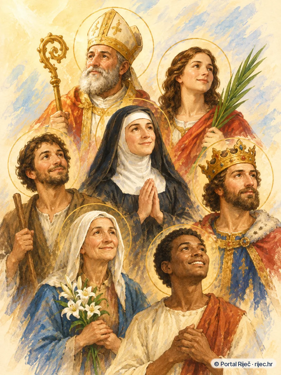 Mnostvo svetaca razlicitih zvanja okupljeno u mekom zlatnom svjetlu, medu njima biskup i mucenik - ilustracija