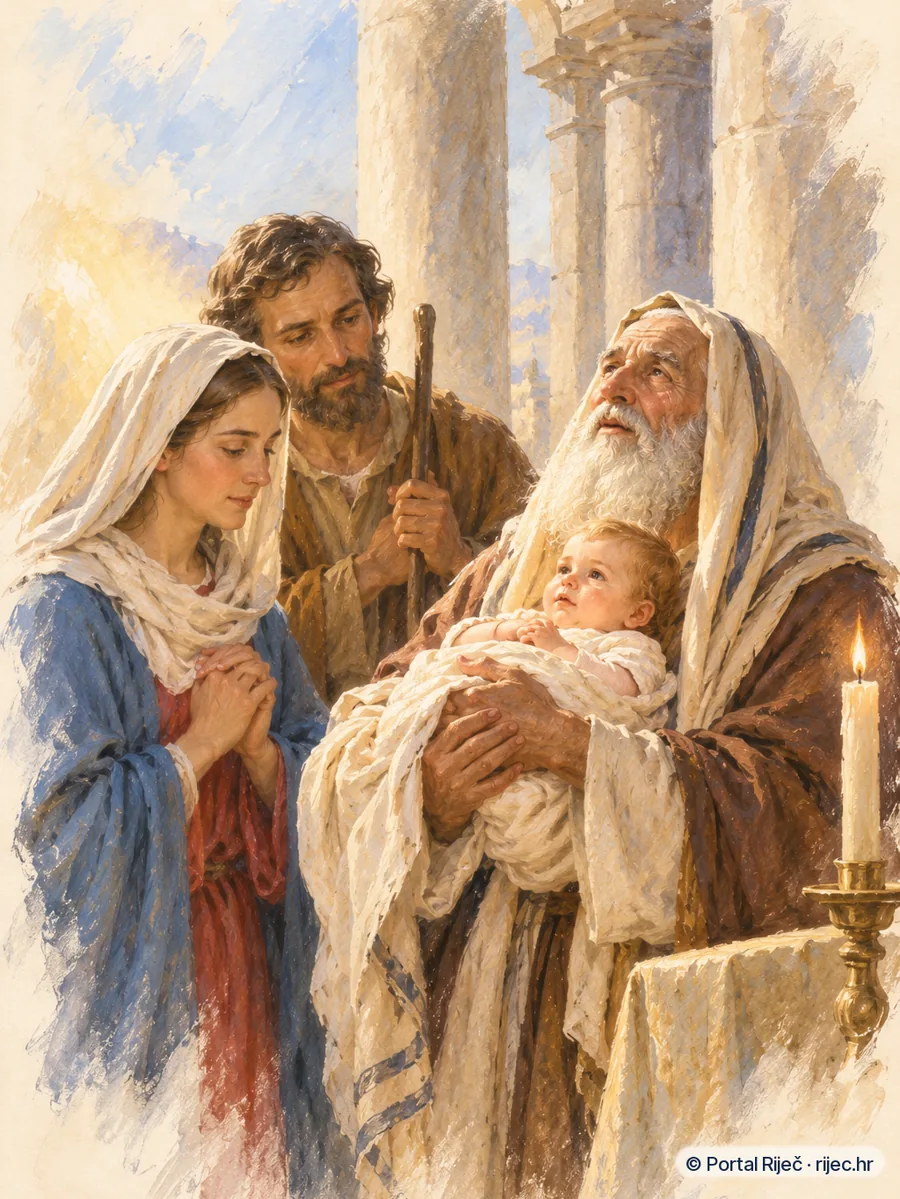 Starac Simeon drzi malog Isusa u hramu, uz Djevicu Mariju i svetog Josipa sa svijecom - ilustracija